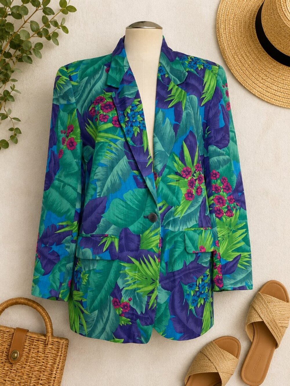 Vintage Liz Claiborne Collection Tropical Linen Blazer Floral Palm Print Women's